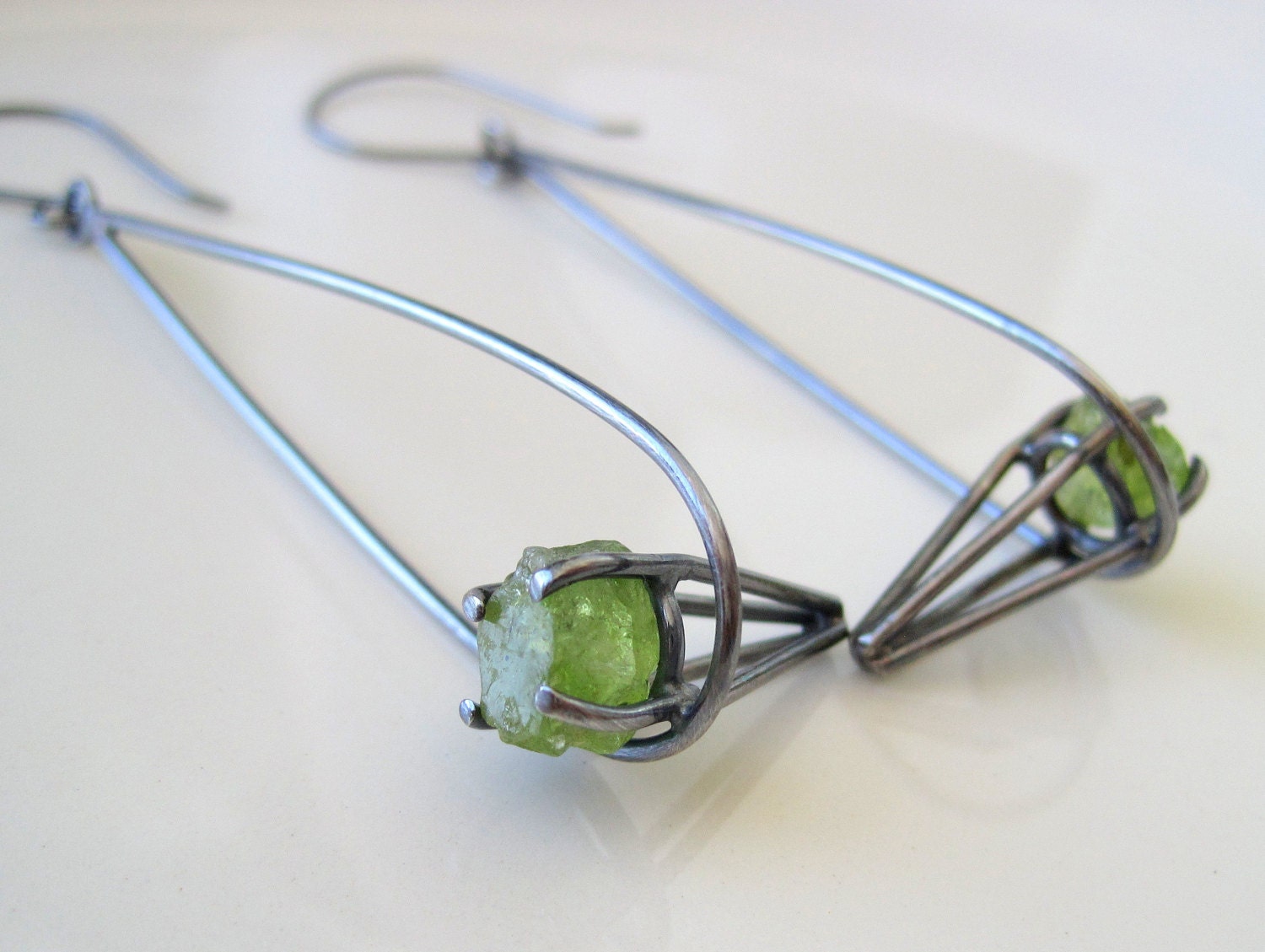 Modern prong set rough peridot and sterling silver teardrop hoop earrings - ready to ship