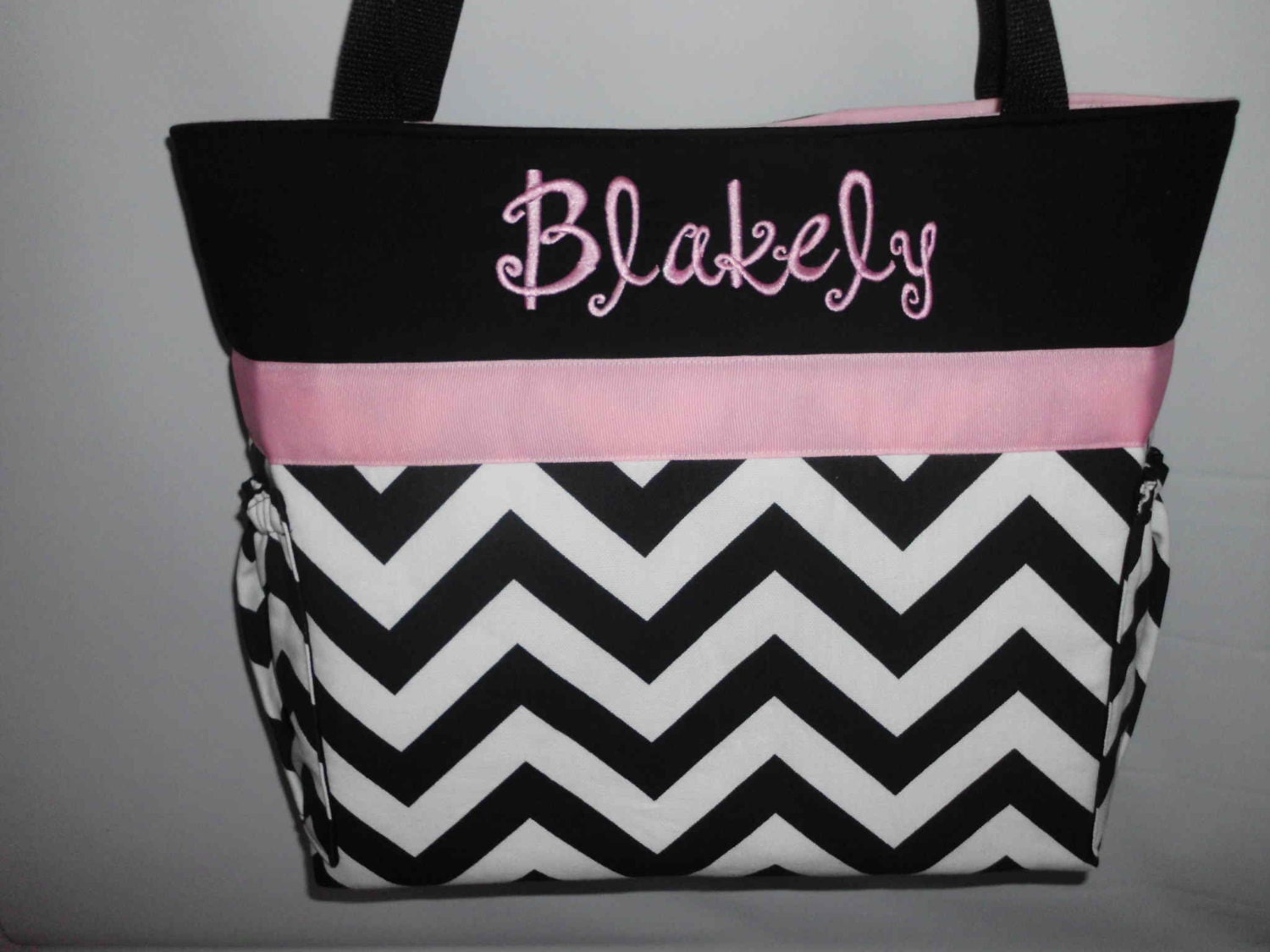 CHEVRON  in BLACK   .. Pink  Accents  ...   Diaper Bag ... Bottle Pockets ... Monogrammed  FReE