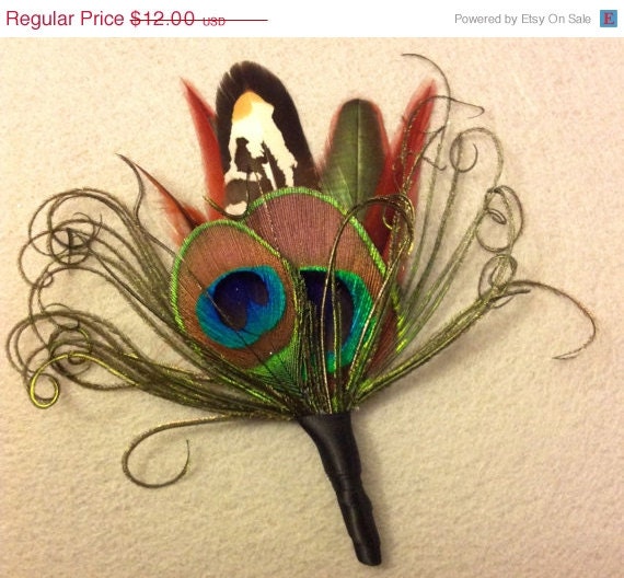 ON SALE Boutonniere, Feather boutonniere, peacock wedding, brown feathers, lapel pin, groomsmen,peacock, best man