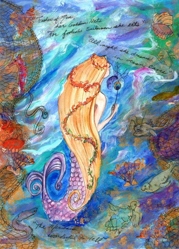 The Mermaid Original Mixed Media Collage on Watercolor Paper by Marionette from Kauai Hawaii