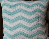 Ocean Waves Modern Crochet Chevron Ripple Pillow in Light Turquoise & White Cotton