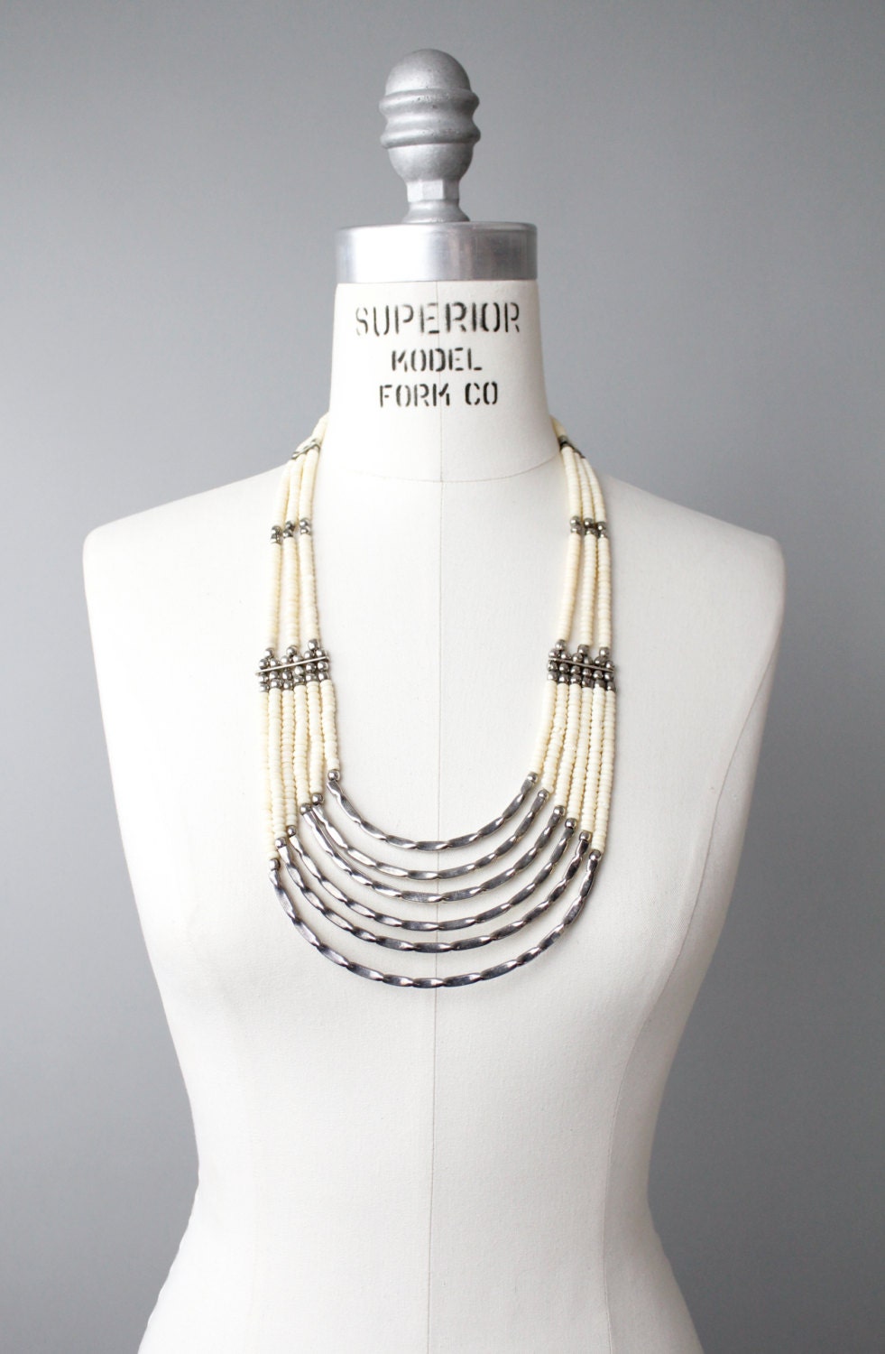 vintage BONE and SILVER beaded necklace // vtg beaded statement necklace