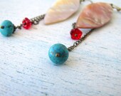 Sea Shell Earrings With Turquoise and Red Glass Flower FREE SHIPPING