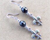 Fleur de Lis Earrings With Vintage Black Beads