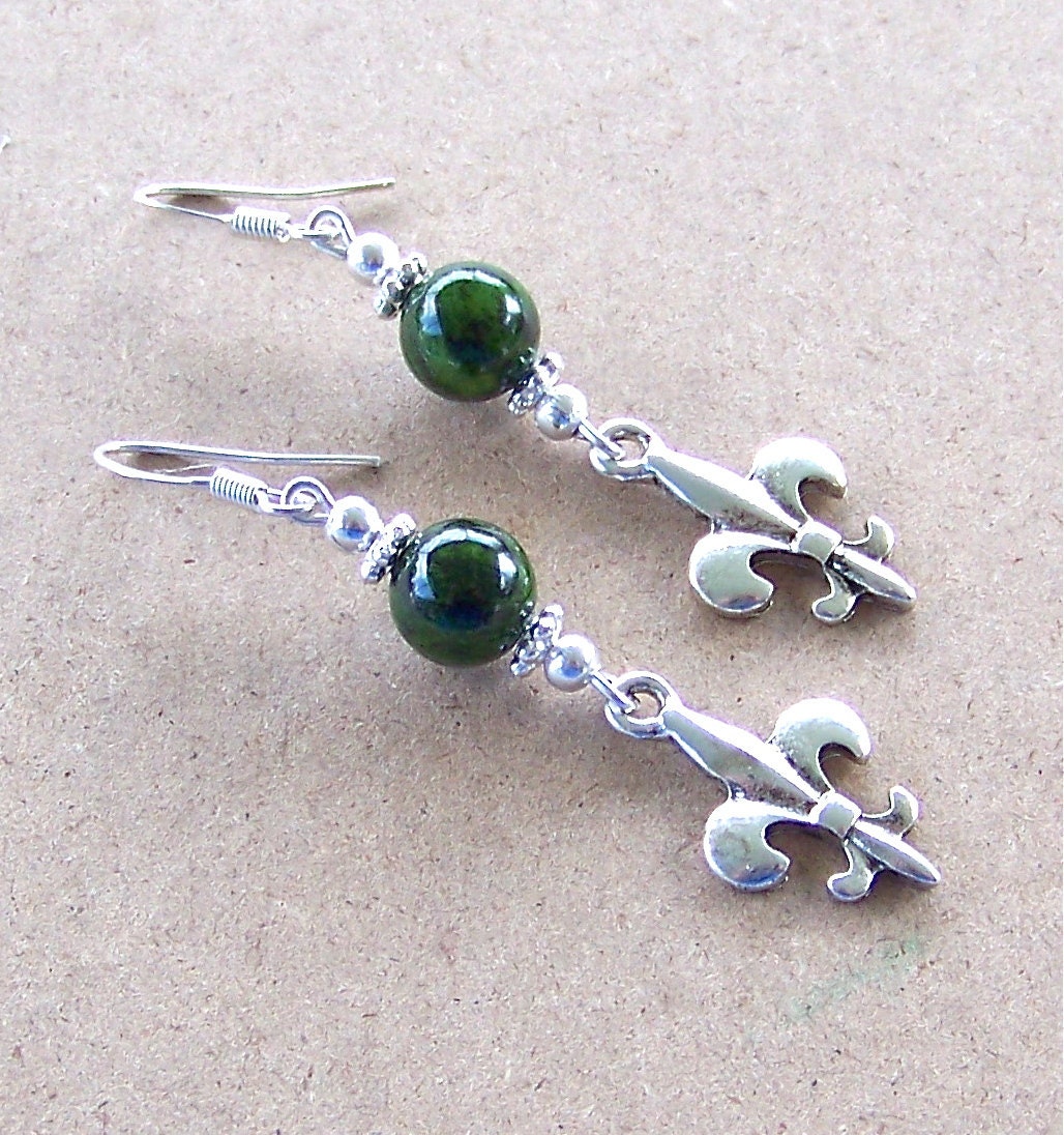 Fleur de Lis Earrings With Green Marble Beads