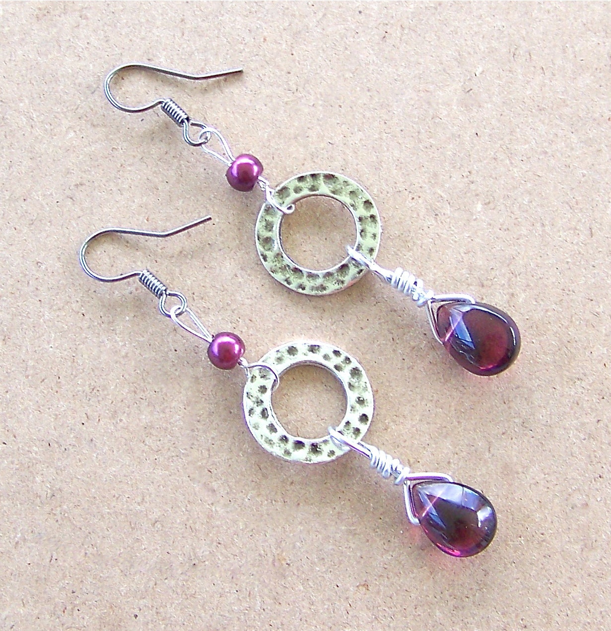 Eternity Circle Garnet Red Briolette Silver Textured Earrings
