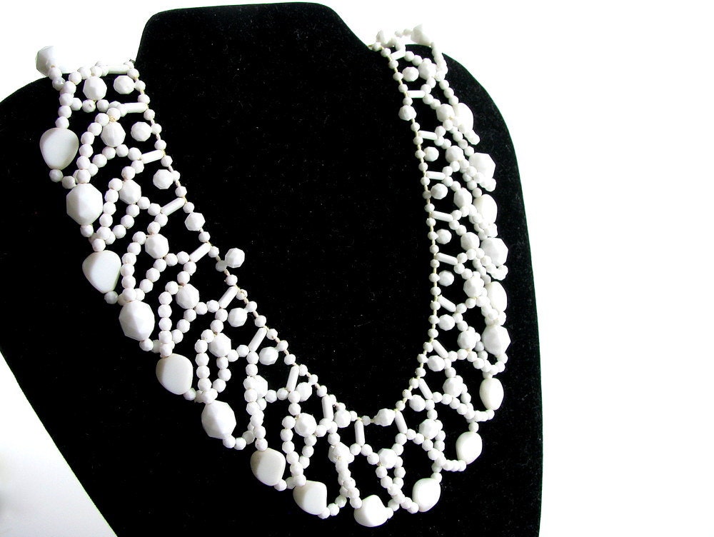 Vintage Choker - Lacy White Woven Bead Bib Necklace - Signed WEST GERMANY