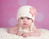 HALF OFF Today ONLY Baby Hat, 0 to 3 Month Baby Girl Flapper Beanie Baby Hat - Cream with Pink Flower Photo Prop Baby Girl Baby Hat