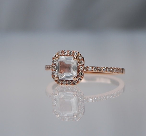 SPECIAL - 1.2ct Radiant square asscher cut white sapphire in 14k rose gold diamond ring
