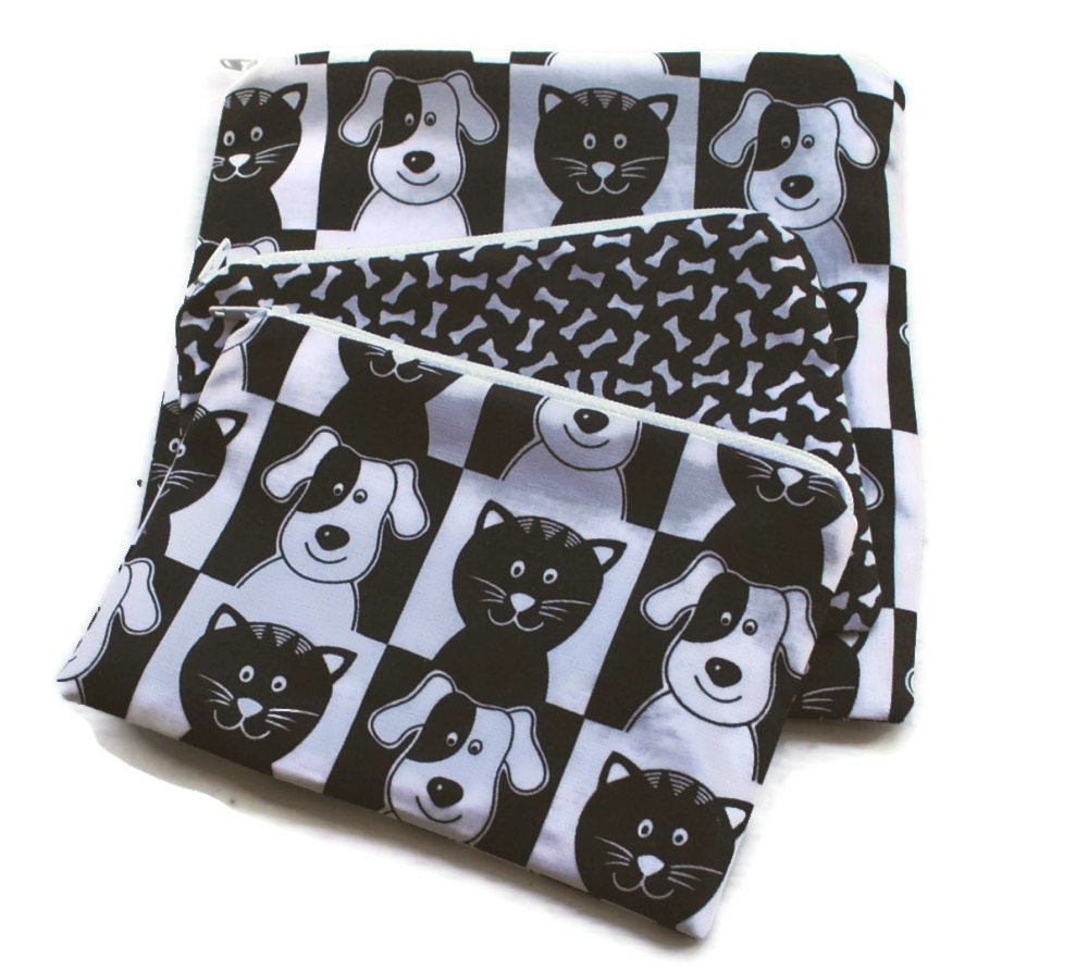 Handmade Reusable Sandwich Snack Bags set of 3 Black White Cats Dogs Zipper