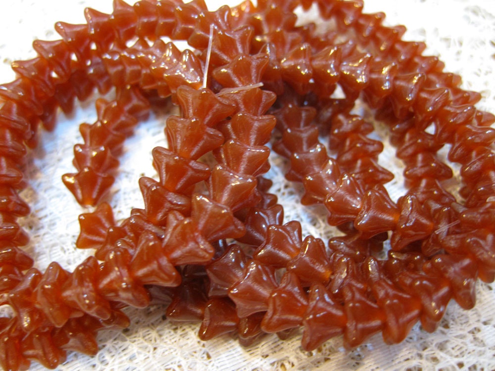 25 Chestnut Brown Opaque Czech Pressed Glass Five Petal Star Flower Beads 6x8mm
