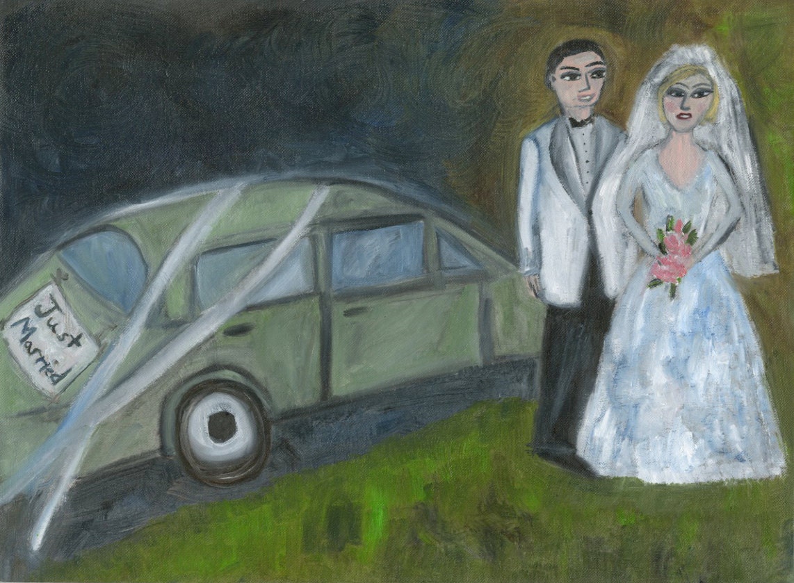 Just Married, September 1962.  Original oil painting by Vivienne Strauss.