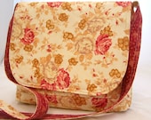 Reversible Cross Body Messenger Bag-Floral and Cream with Matching Key Fob