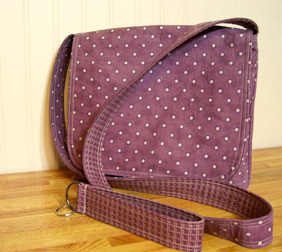 Reversible Cross Body Messenger Bag-Plum Purple and Sweet Pink Dots with Matching Key Fob