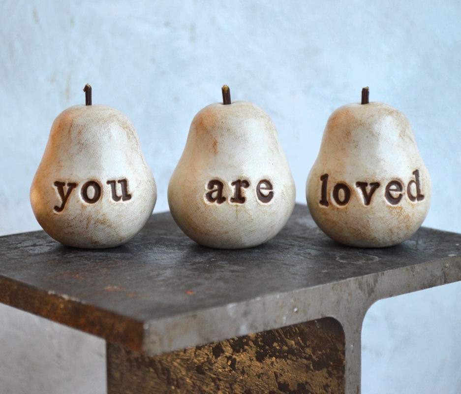 Birthday gift ... Handmade polymer clay pears ... 3 Word Pears, white... You Are Loved... Wedding