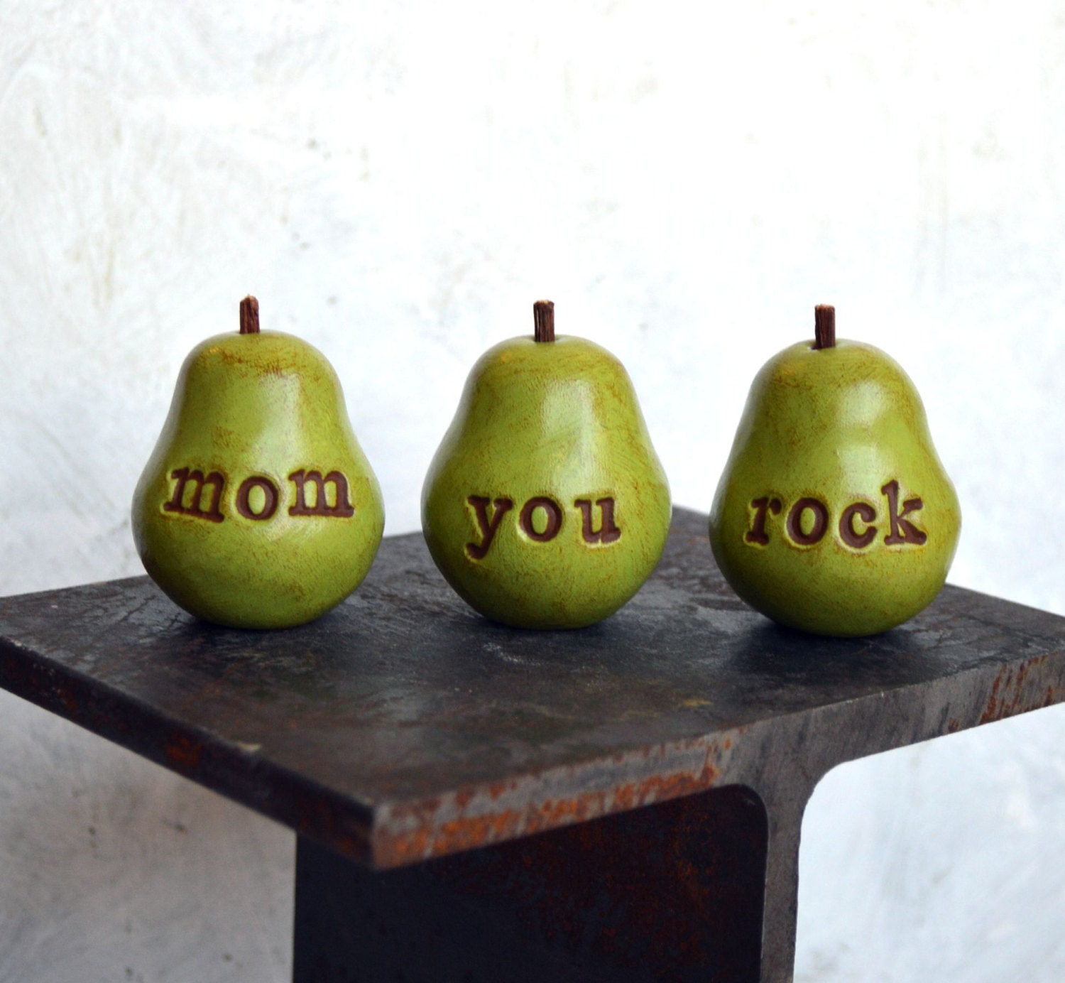 Mothers Day gift  for mom ... mom you rock ...Three handmade decorative polymer clay pears ... 3 Word Pears, green