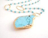 Turquoise Necklace With Nugget Pendant - Rosary Style - Turquoise Blue - Gold - Southwestern