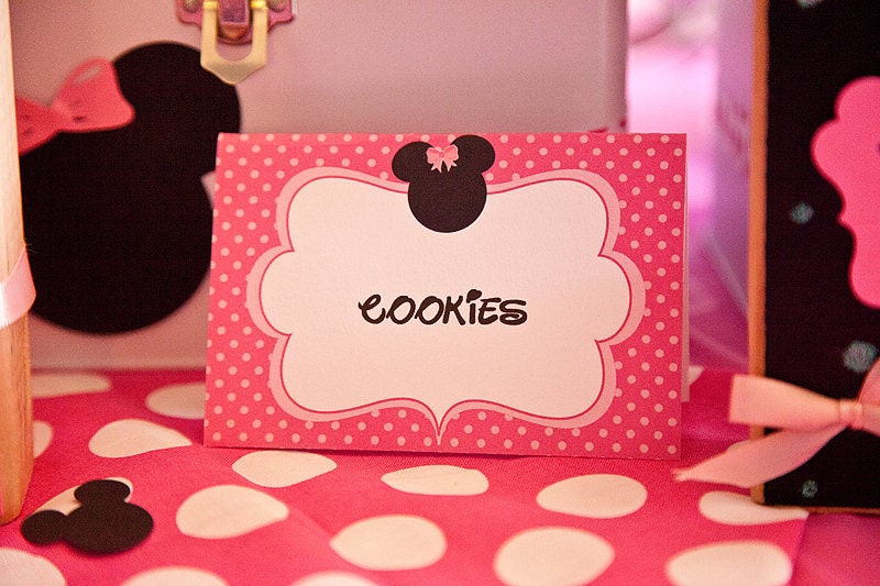Set of 10 Minnie Mouse inpired Birthday Tent Cards for Dessert Table or Candy Buffet PINK or RED Il_570xn