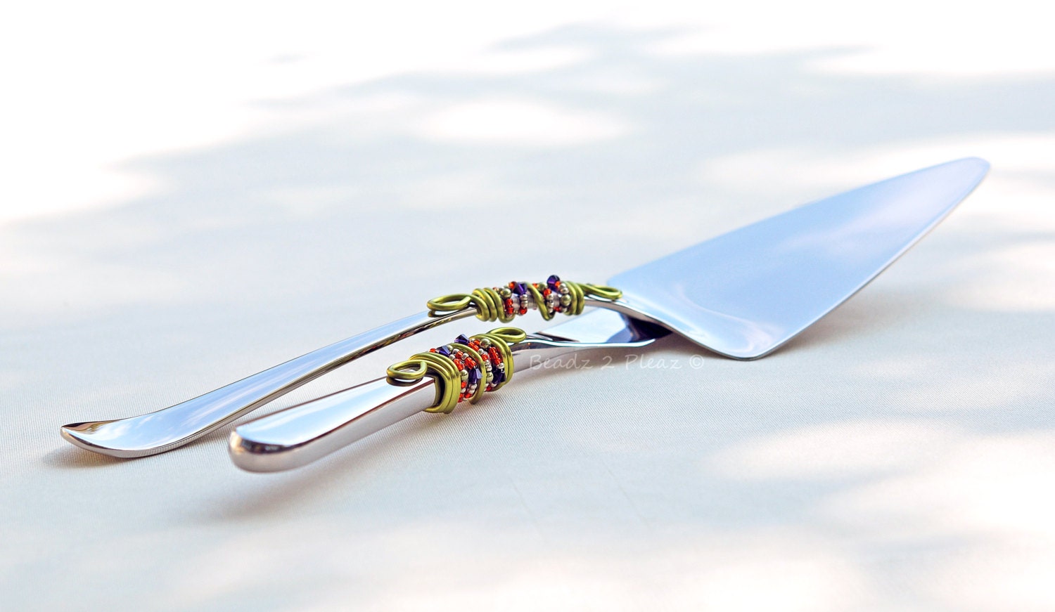 Beaded WEDDING Cake Knife And Server Serving Set Orange, Lime And Purple Velvet SWAROVSKI Crystal, Pearl, Glass Beads MODERN Rustic Swirls