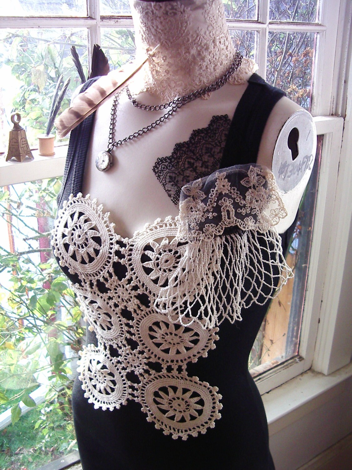 steampunk dream black cream lace tank top t shirt blouse women clothing extra small medium vintage