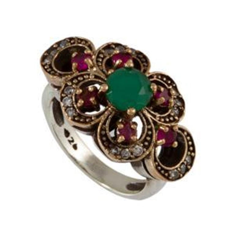 Four Leaf Clover Sterling Silver Ring with Emerald and Ruby