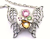 Steampunk Necklace - Green Crystal Butterfly with Peridot Green Yellow Topaz & Rosé Pink Swarovski PROMPTLY SHIPPED Steampunk Jewelry