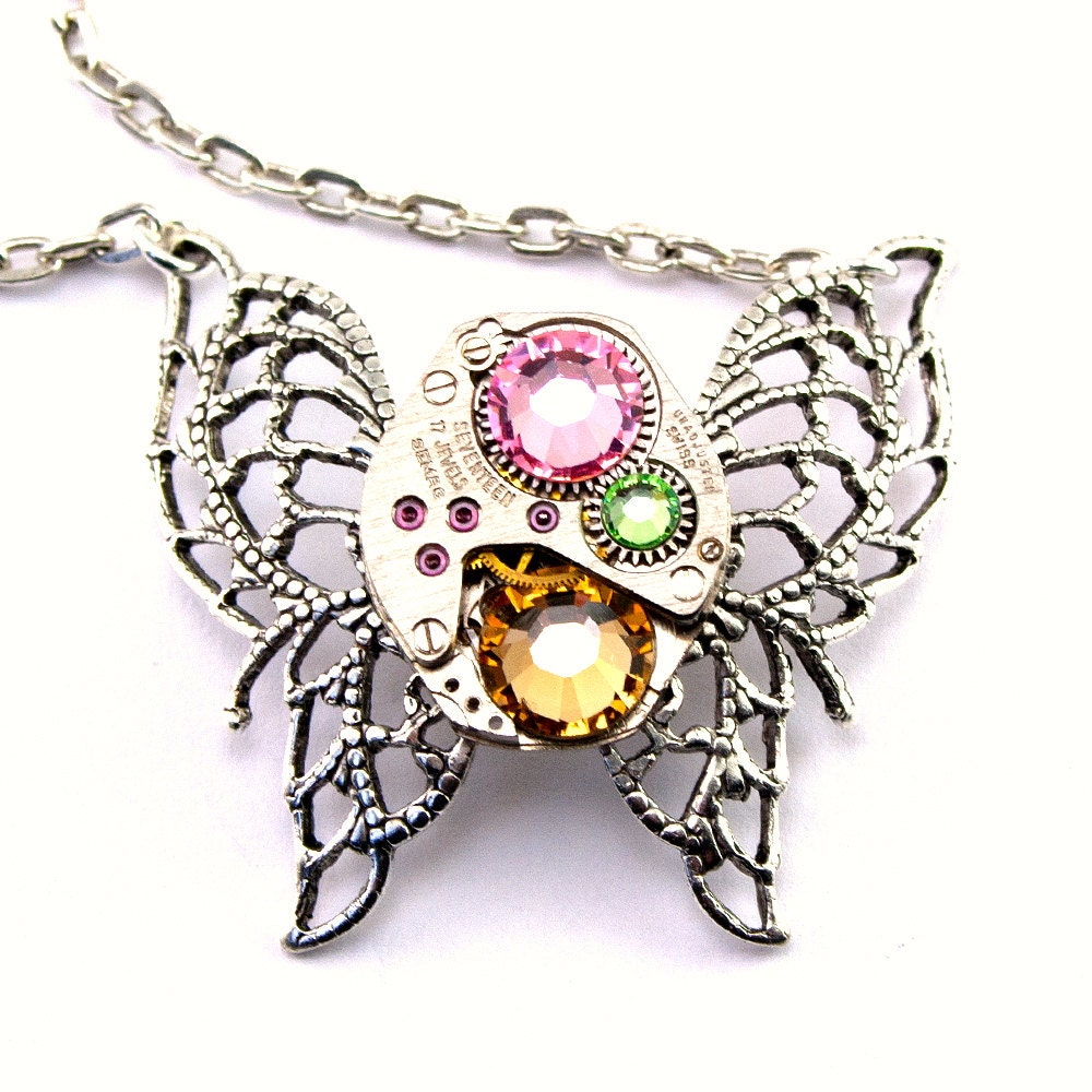 Steampunk Necklace - Green Crystal Butterfly with Peridot Green Yellow Topaz & Rosé Pink Swarovski PROMPTLY SHIPPED Steampunk Jewelry