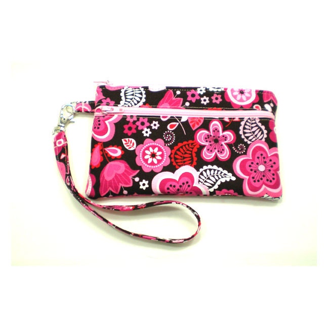 Double Pocket Wristlet with Detachable Strap Pink and Brown Flowers