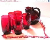 Pickers Sale. Fabulous Ruby Red Glass Pitcher with Five Glasses