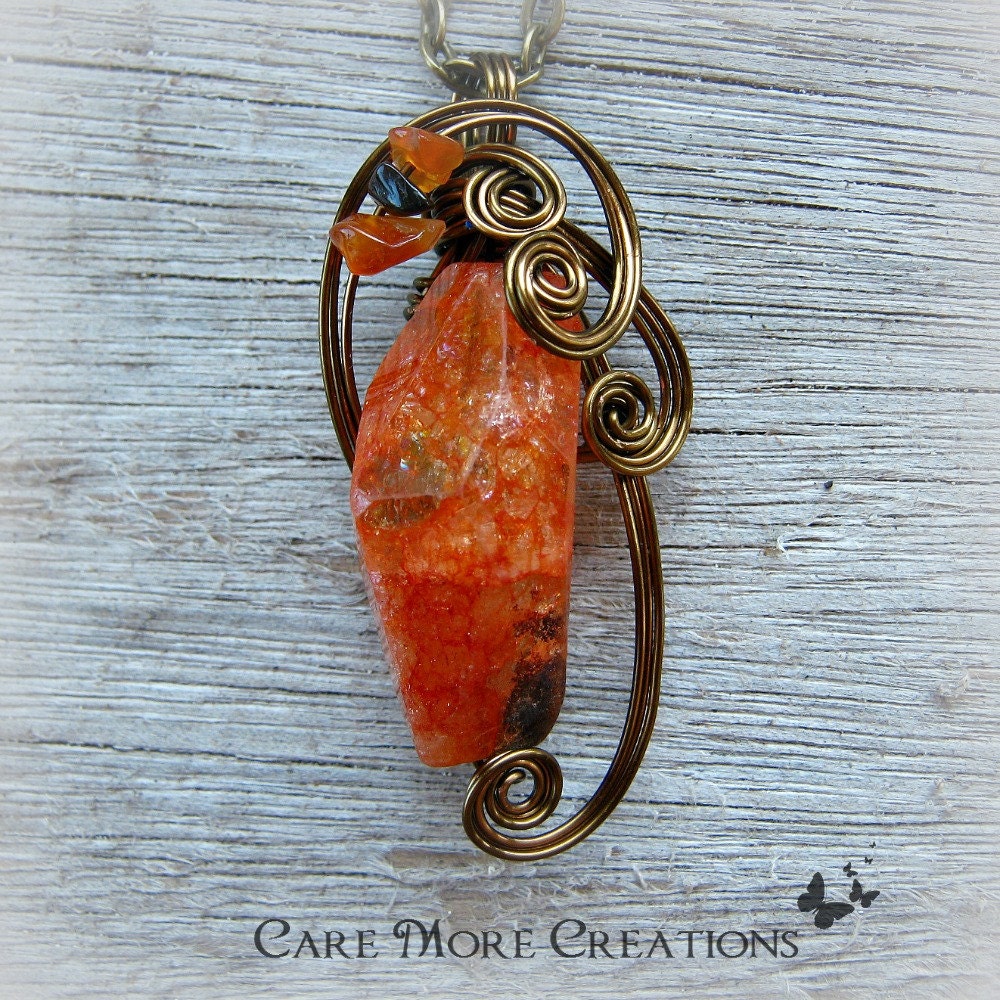 Wire Wrapped Necklace- Orange Druzy Crystal Agate Pendant - Healing Stone