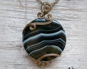 Wire Wrapped Pendant - Black Stripes Agate Necklace in Antique Bronze