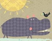 Hippo with Bird and Fish 8x10