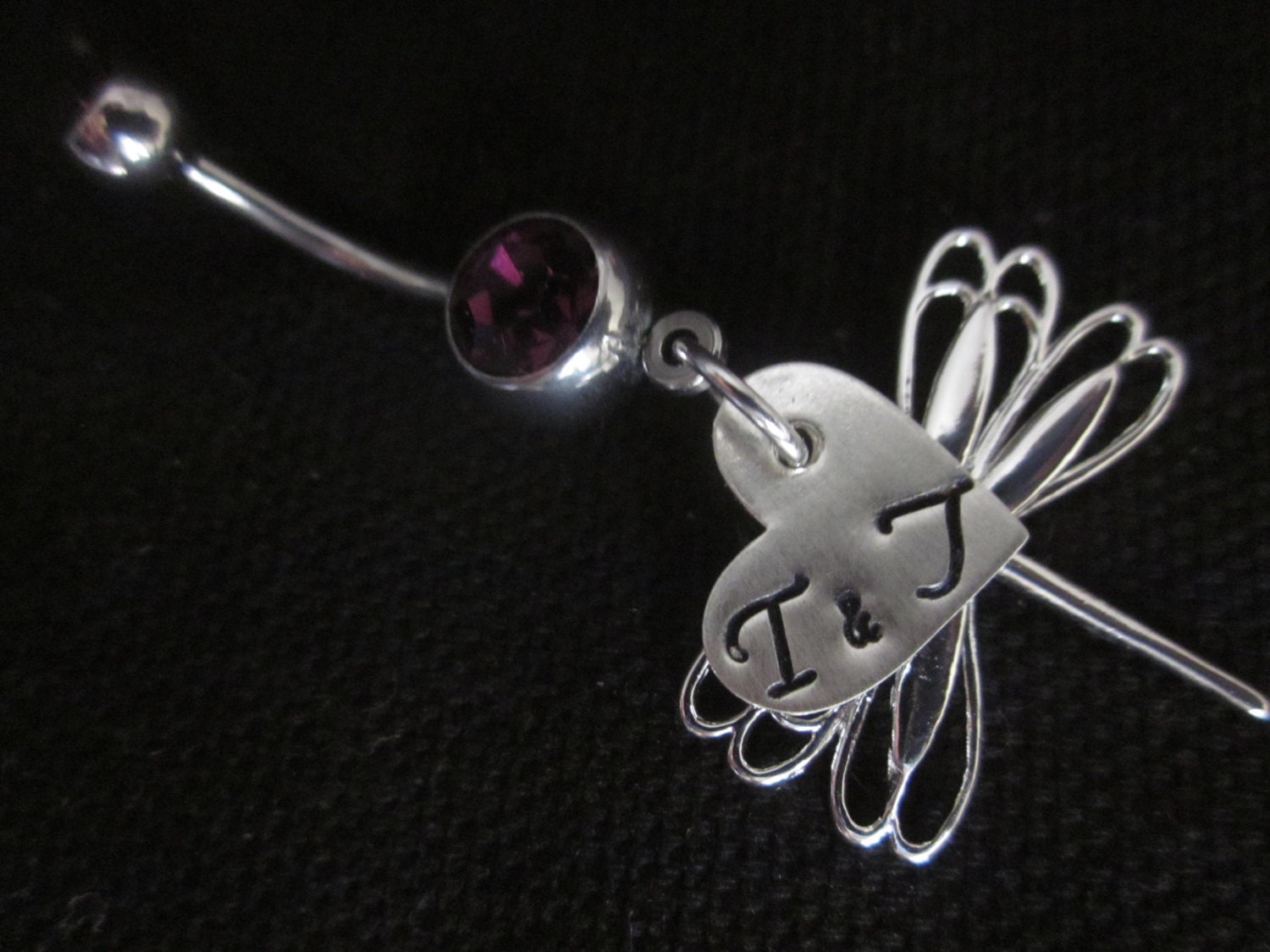 Personalized belly button ring Hand stamped dragonfly sterling silver charm you choose custom piece