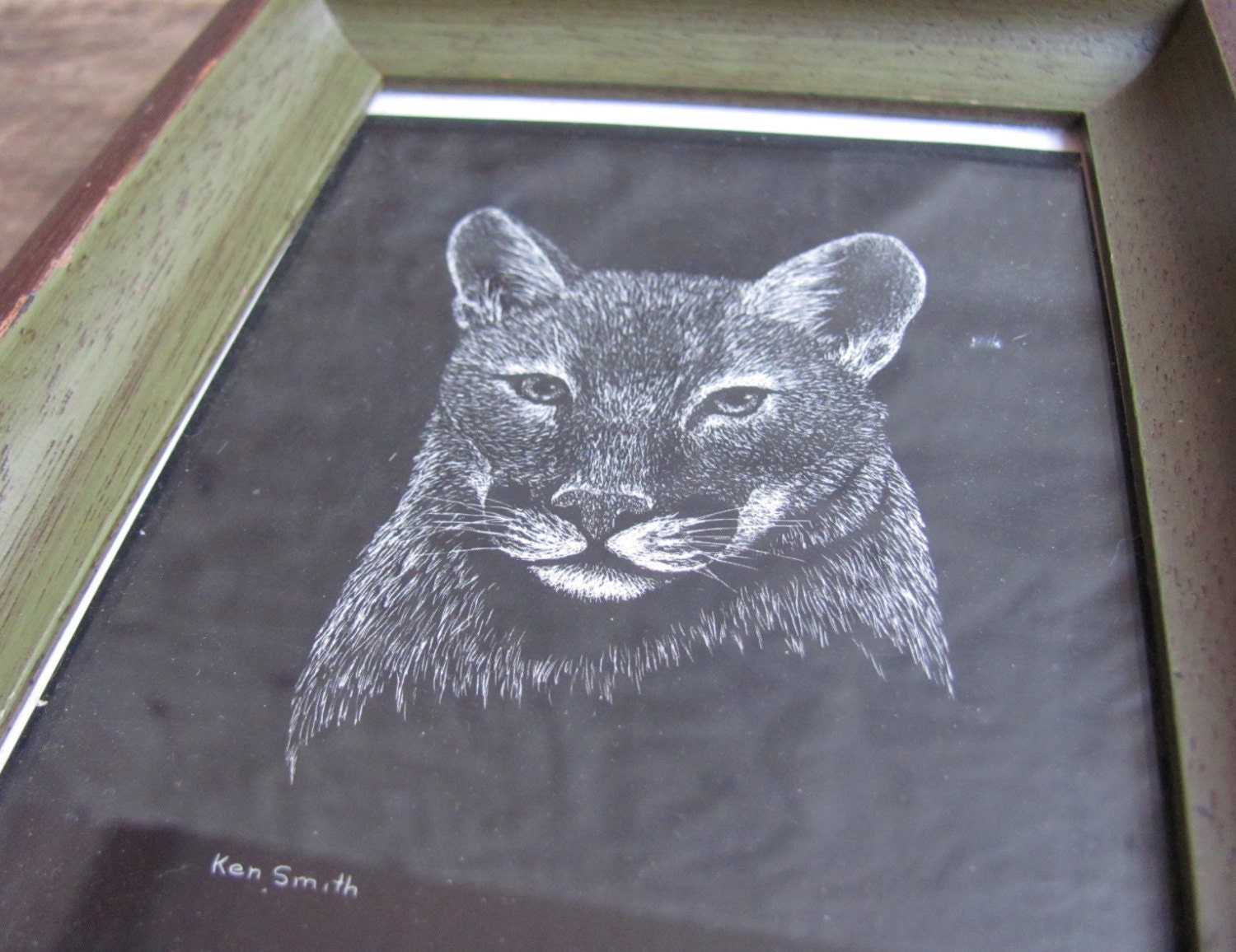 vintage 1980s cougar scratchboard drawing // original art souvenir