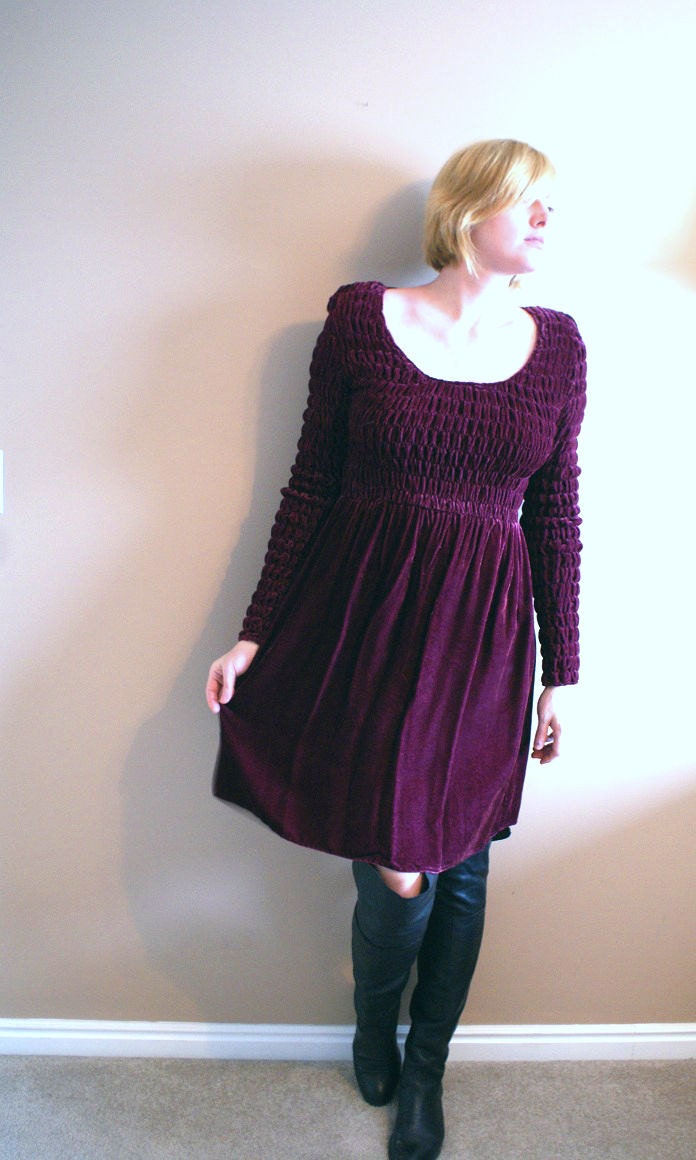Red Wine Velvet Baby Doll Smocked Dress