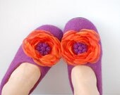 CUSTOM MADE felted slippers/ home shoes with organza flower DIANA in purple&orange or any other color