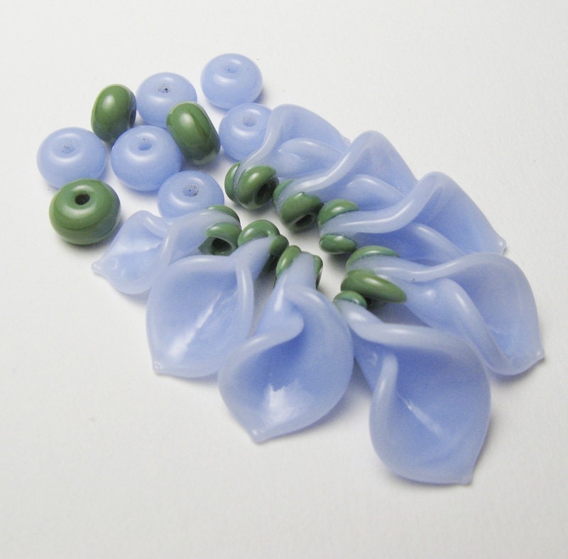 Periwinkle Blue Easter Lily Bead Set with matching Spacers, Lampwork Beads, handmade sra jewelry supplies