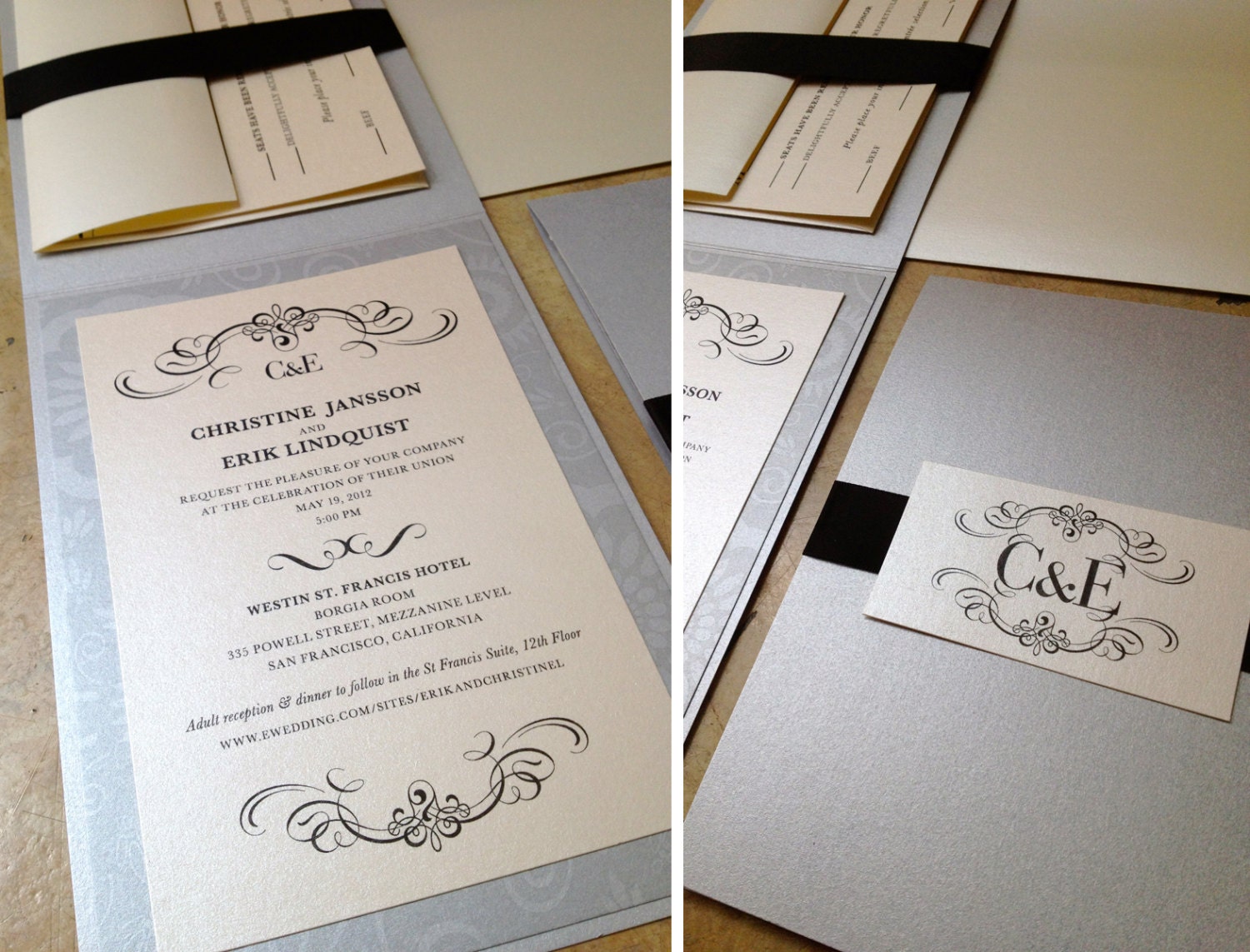 Swirl Booklet Wedding Invitation / Layered 5x7 Folded card with ribbon / Rsvp with envelope / A7 outer envelope