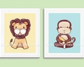 SALE 20% Children's wall art, baby boy nursery art print, monkeys, baby art, lion nursery jungle, children animal art  kids Set 8x10