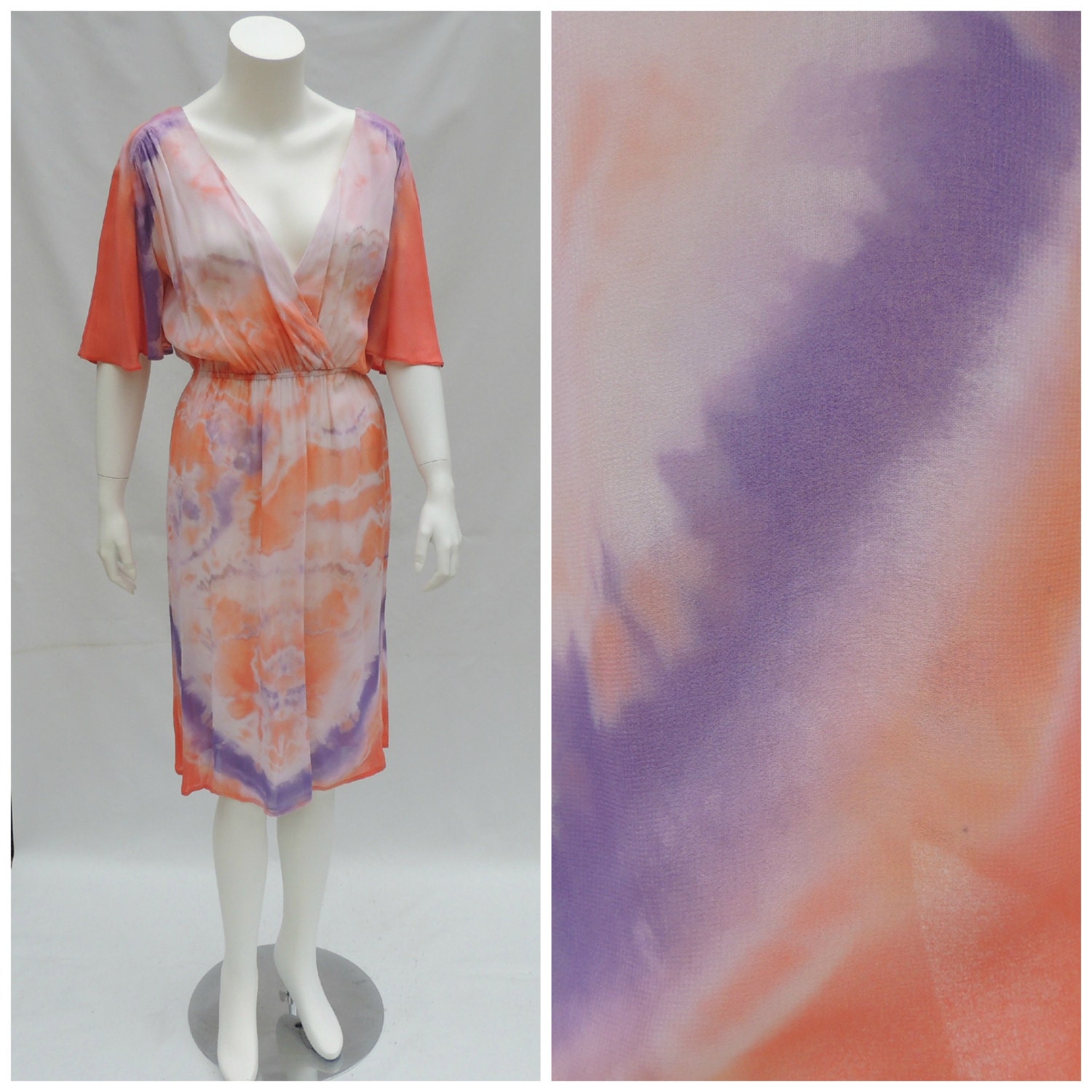 Vtg Tie Dye Flutter Sleeve Plunging Neck Tie Back Sheer Gauze Dress sz s