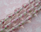 Dainty 15x10mm Teardrop Beads with Romantic Delicate Pink Roses and Green Leaf Lampwork  Inside of Clear Glass (6 pieces)