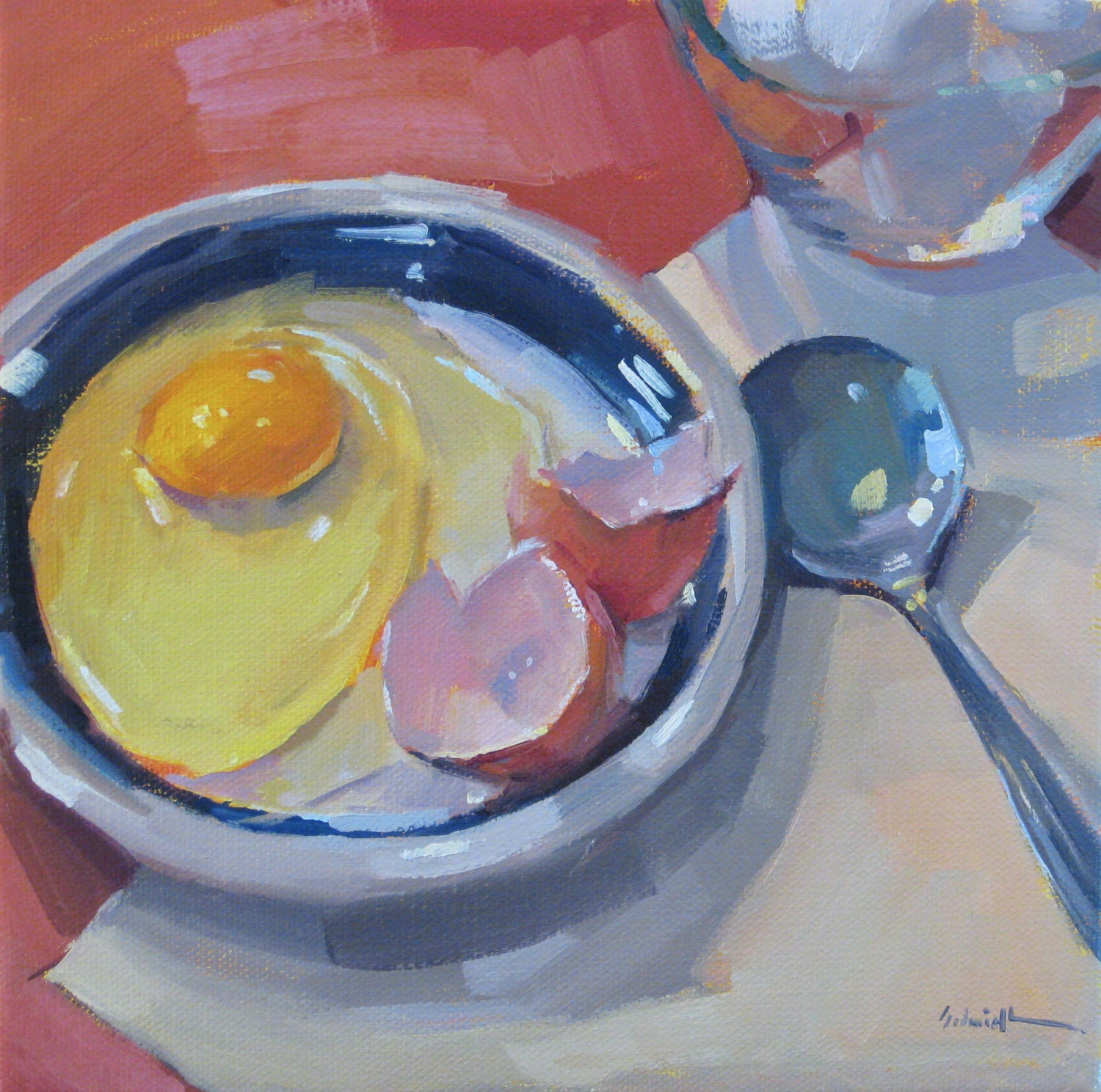 Fine art original oil painting "Cracked With a Spoon" by Oregon artist Sarah Sedwick 8x8"