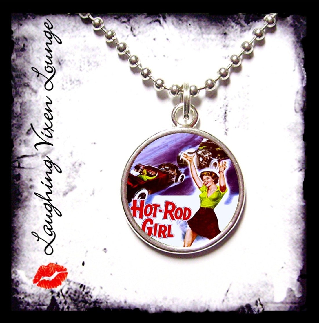 Pulp Jewelry - Hot Rod Girl Small Pendant - Square Or Round - Rockabilly Jewelry - Pinup Pin Up Jewelry - Vintange Retro Women Pulp B Movie