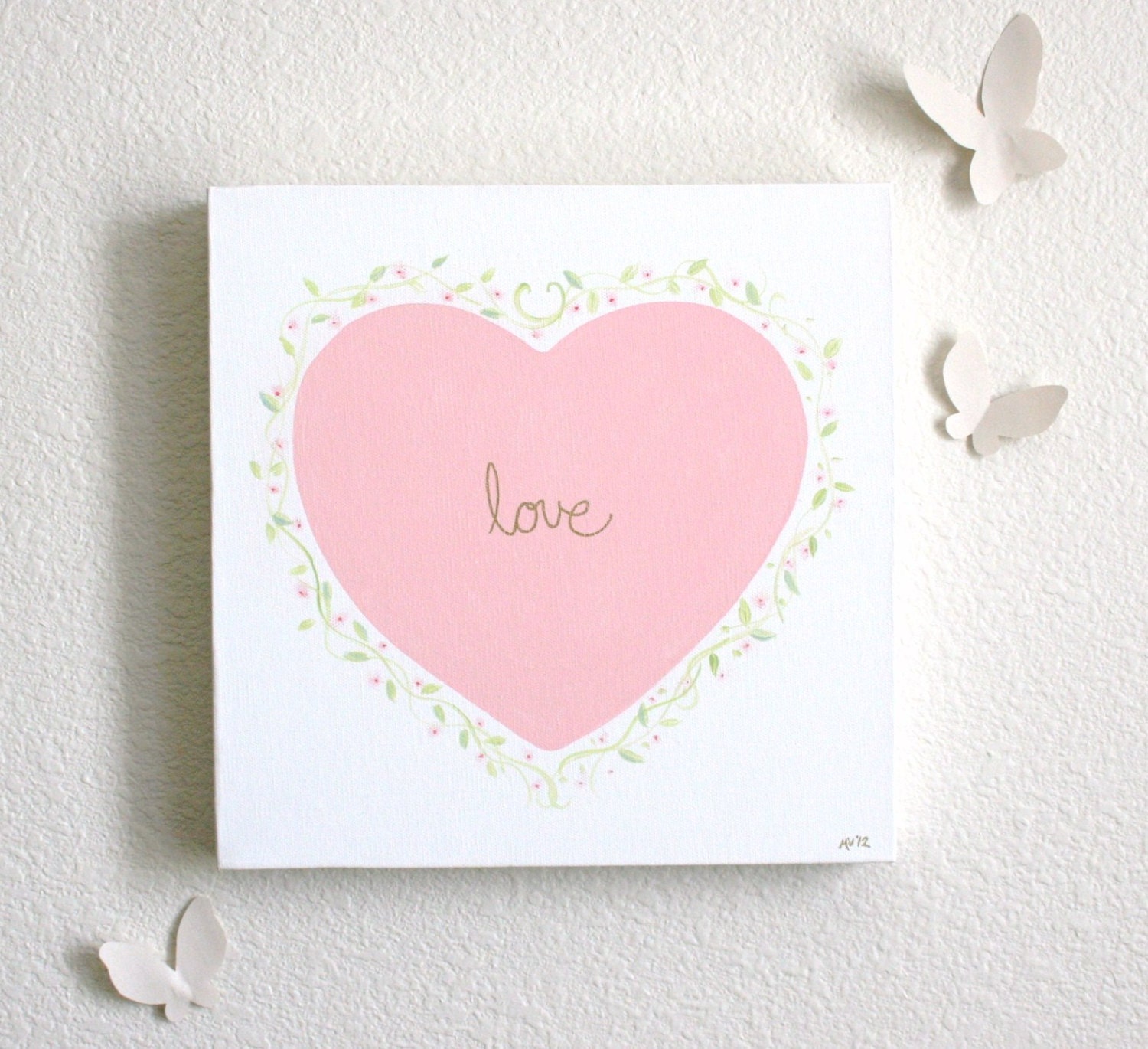 Love is Mine- Original painting with gold leaf, childrens art, hearts, valentines, baby and kids decor
