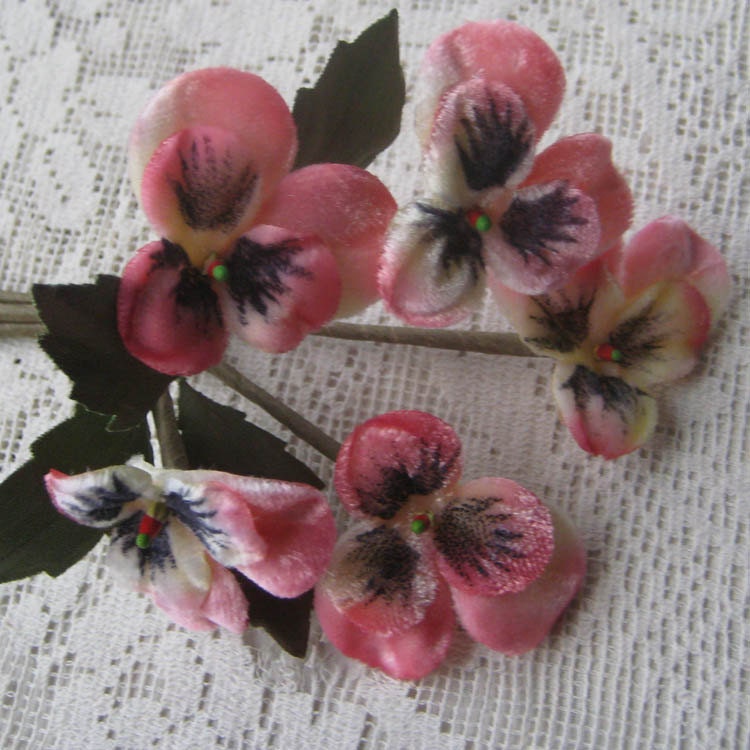 Velvet Pansies Millinery Fabric Flowers Hand Made In Czech Republic Pink