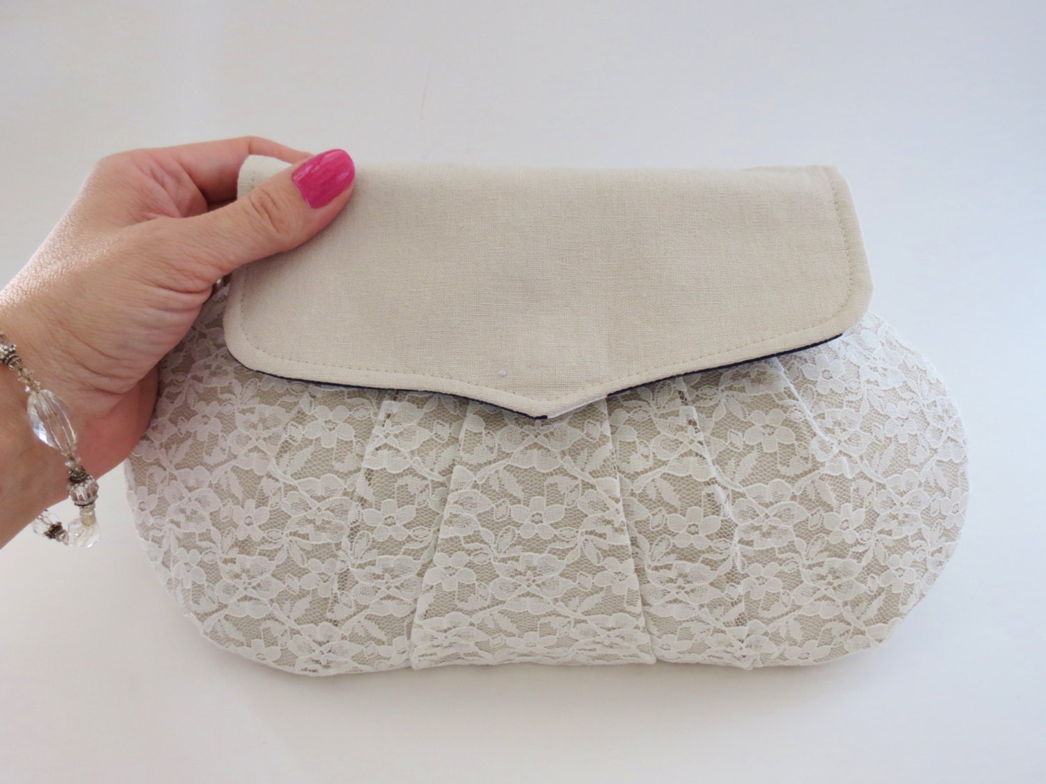 Linen and Lace Clutch, Bridal Clutch, Natural Linen Bag, Bridesmaids Wedding Accessory