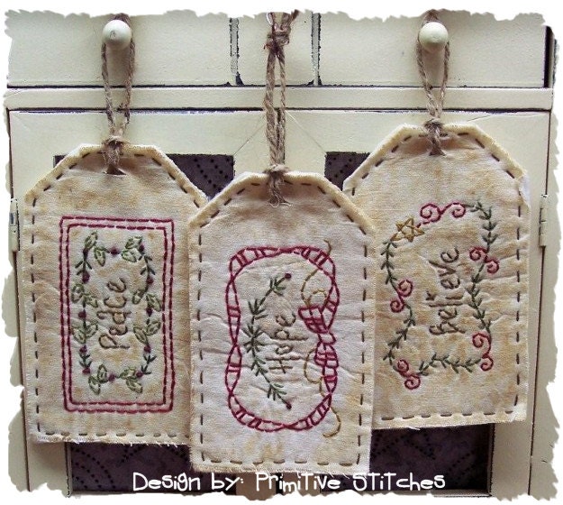 Believe, Hope, Peace Tag Collection-Primitive Stitchery  E-PATTERN by Primitive Stitches-Instant Download