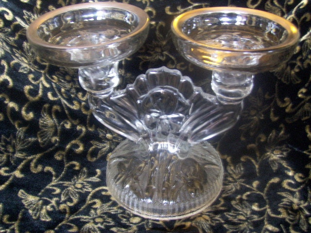 Vintage Glass Pedestal Dish Crystal Double Pedestal Candle Holder Cupcake Plate Trinket Dish Wedding Decor