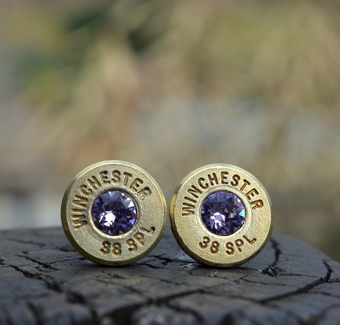 Bullet Earrings stud or post, brass/gold Winchester .38 special with Swarovski crystals
