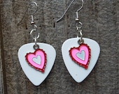 White Guitar Pick and Pink and Red Heart Charm Earrings